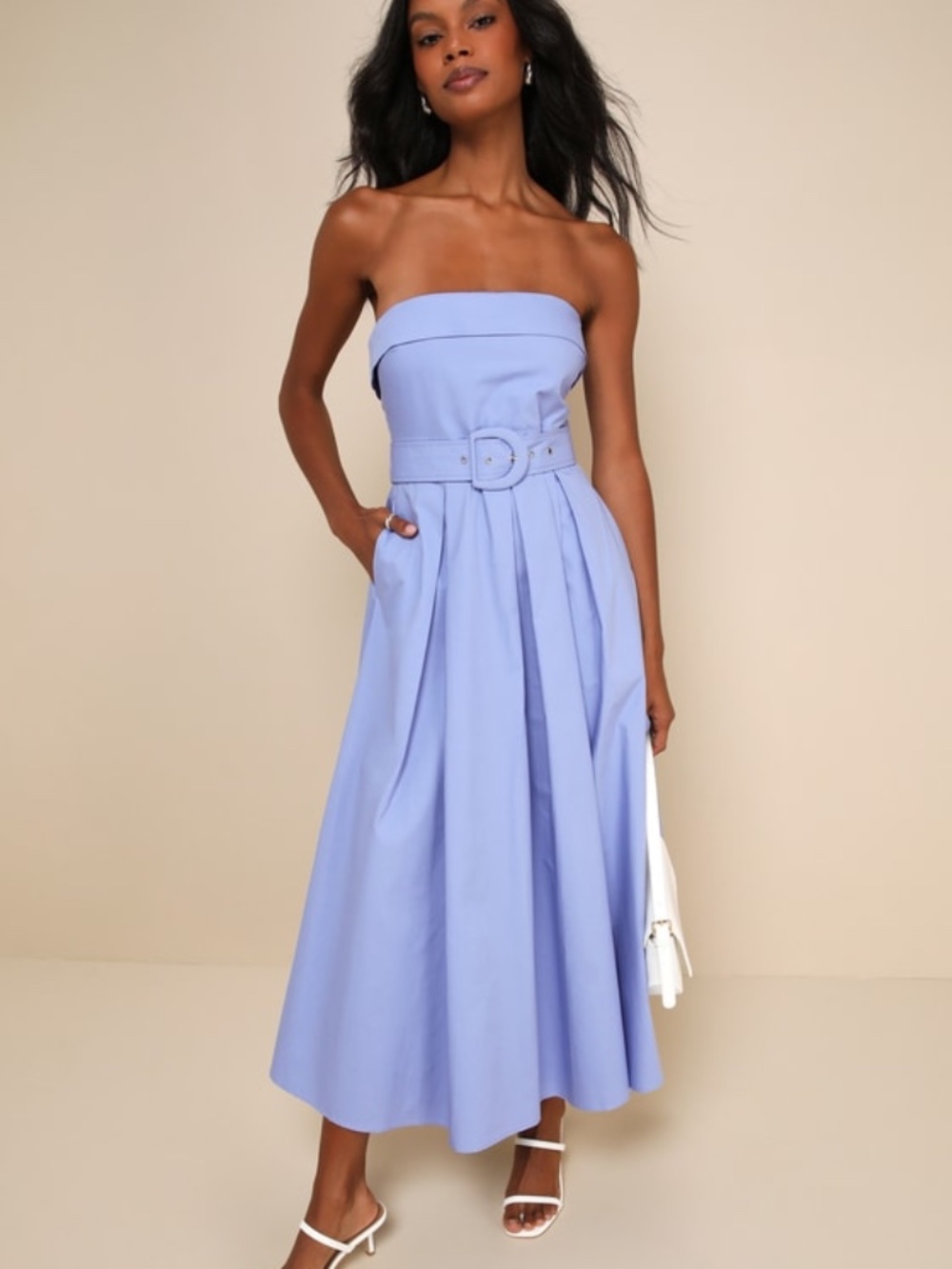 Lulus Trendsetting Choice Periwinkle Strapless Midi Dress With Pockets Purple